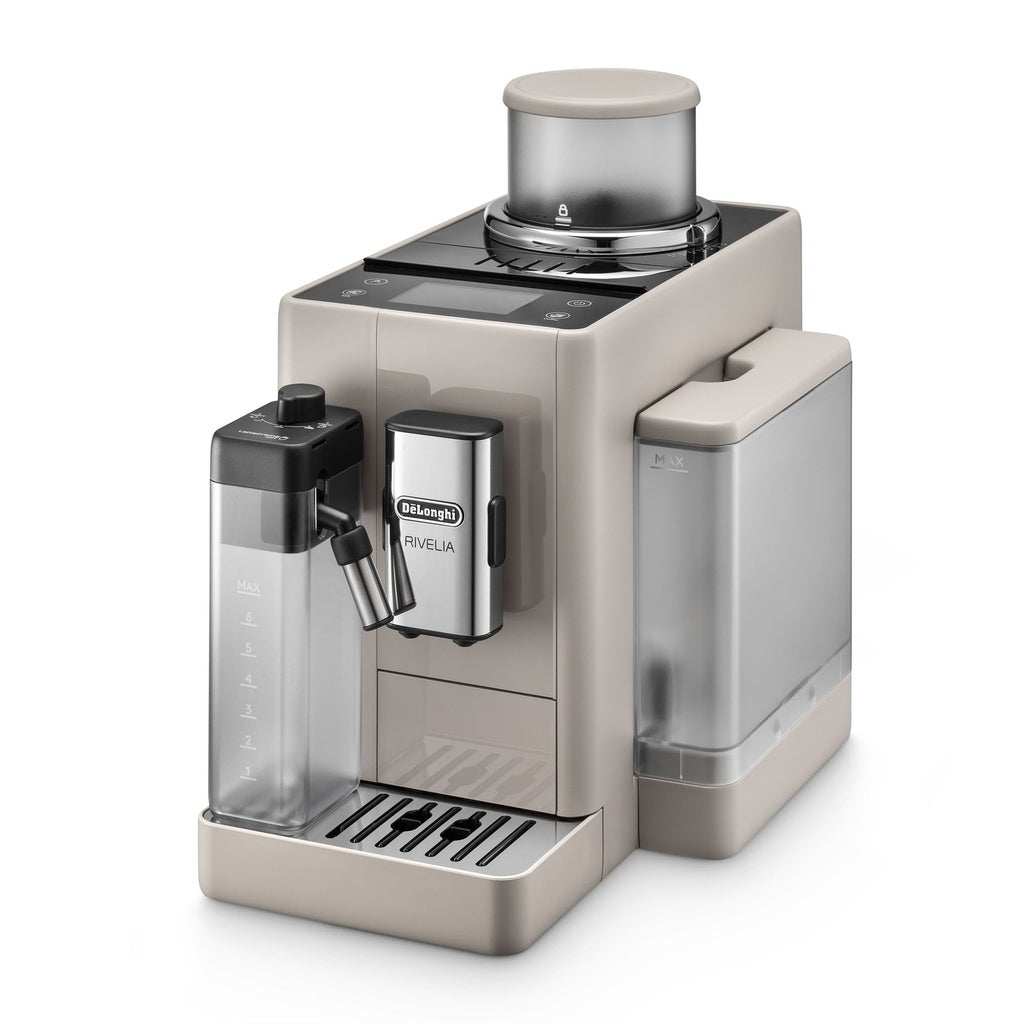 Beige Delonghi Rivelia super-automatic coffee machine with touch screen and LatteCrema technology.