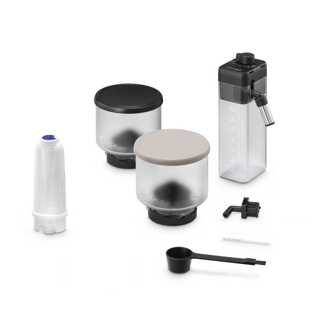 Accessories for Delonghi Rivelia superautomatic coffee maker including interchangeable hoppers and milk frother.