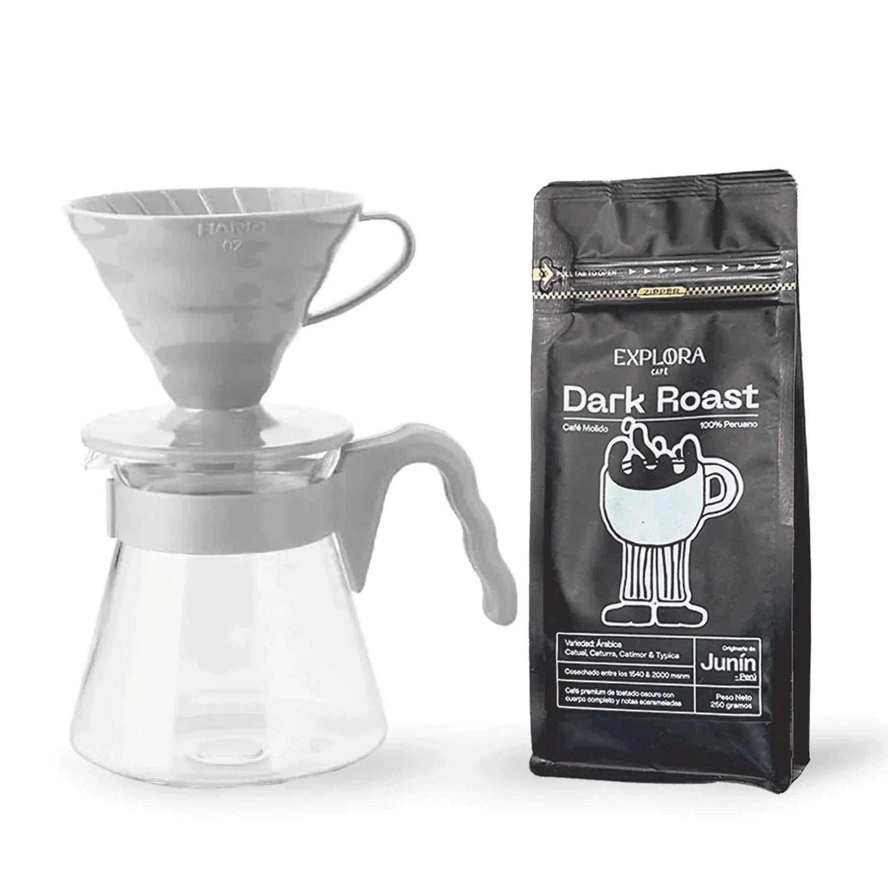 Kit de V60 gris para 1-4 tazas, dripper de plástico y café Dark Roast.