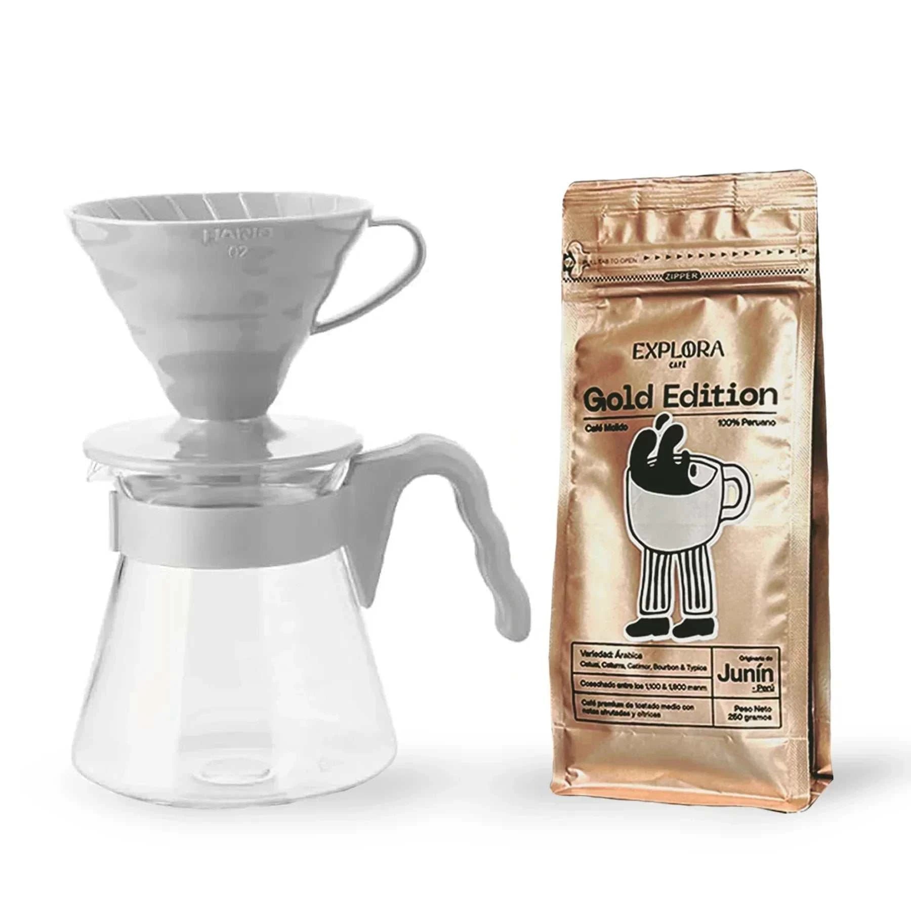 Kit de V60 1-4 tazas de plástico gris con dripper y jarra servidora sobre fondo blanco.