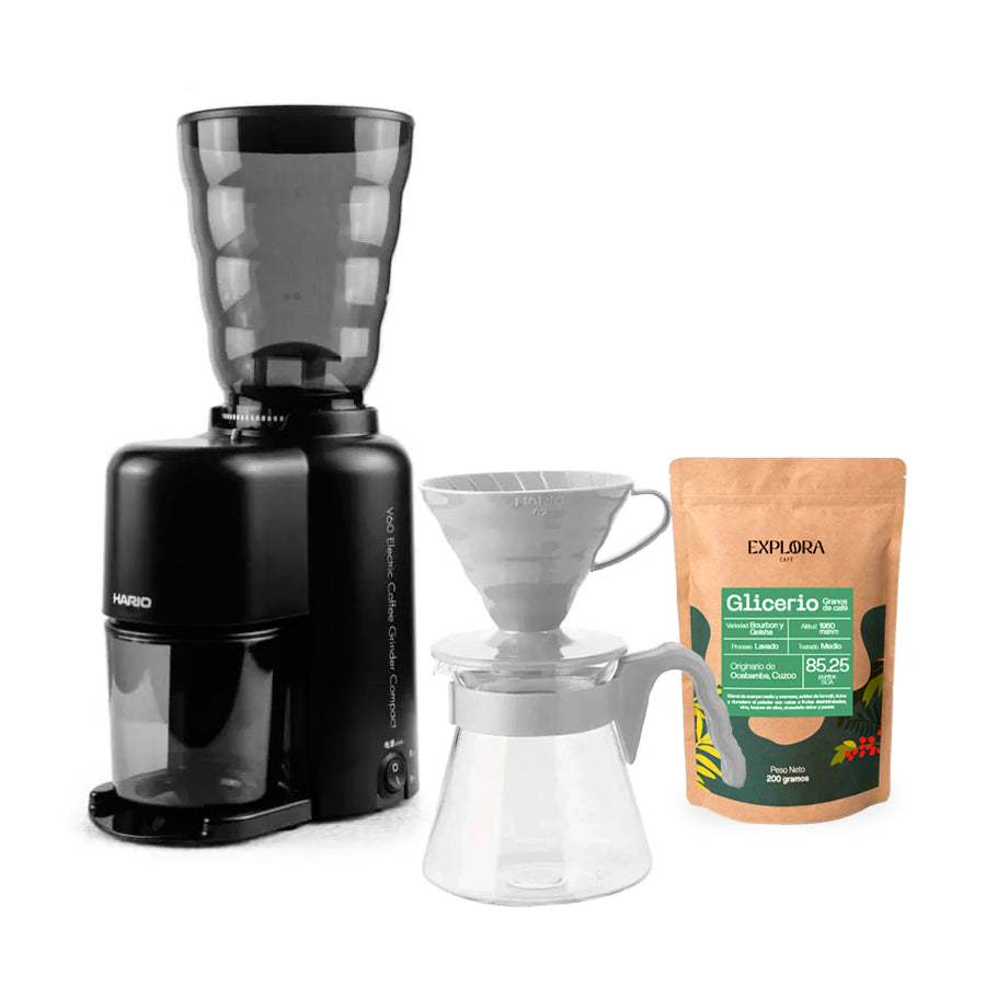 Kit V60 con molino eléctrico Hario, cafetera pour over y café de especialidad Glicerio