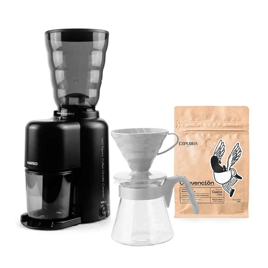Kit V60 Hario con molino eléctrico y café especial para preparación pour over