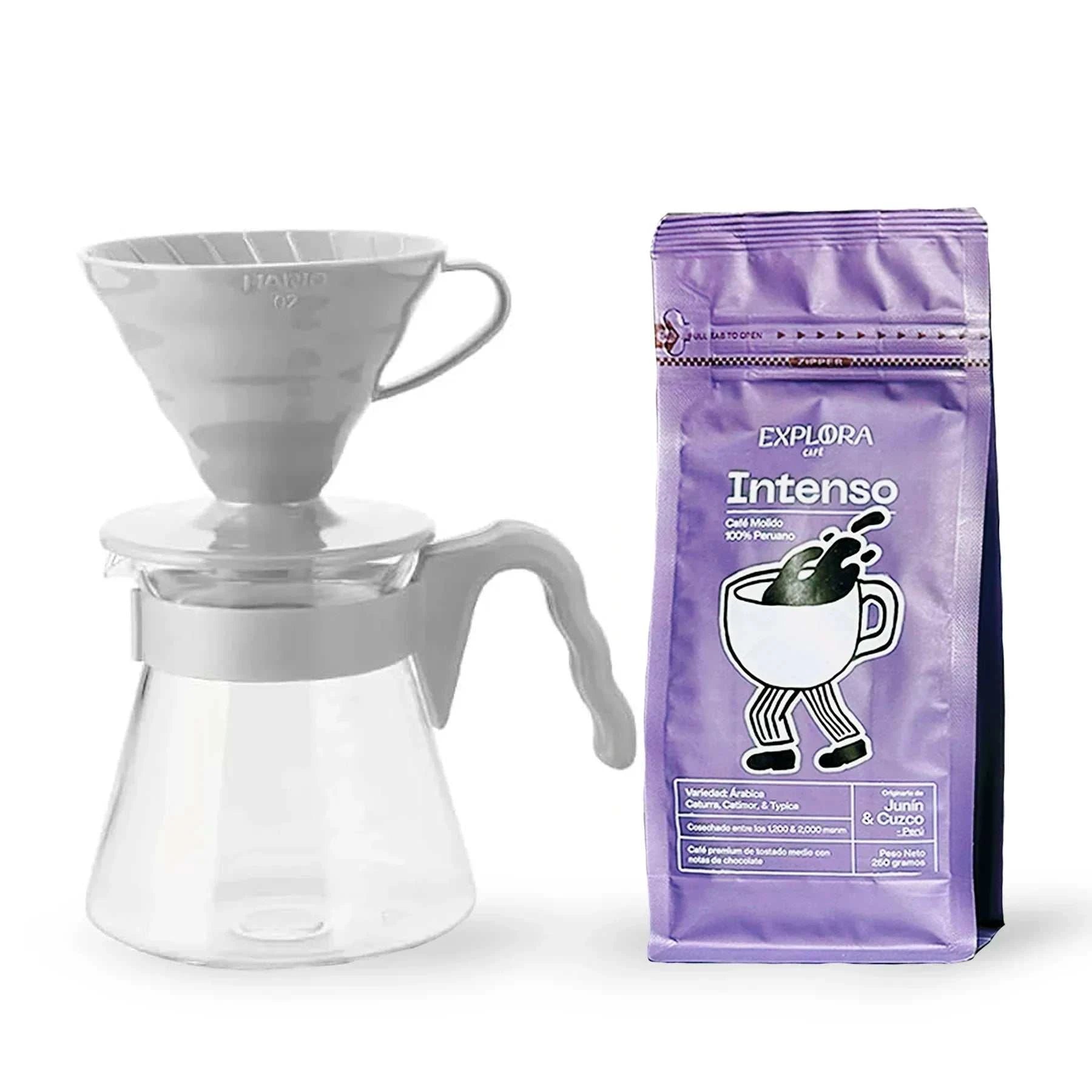 Kit de V60 1-4 tazas de plástico gris, incluye dripper, jarra servidora y filtros para café pour over.