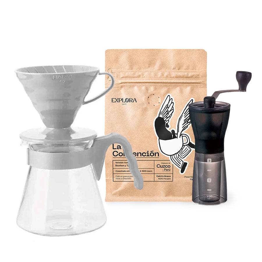 Kit V60 Hario pour over coffee maker with manual ceramic grinder and specialty coffee beans pack