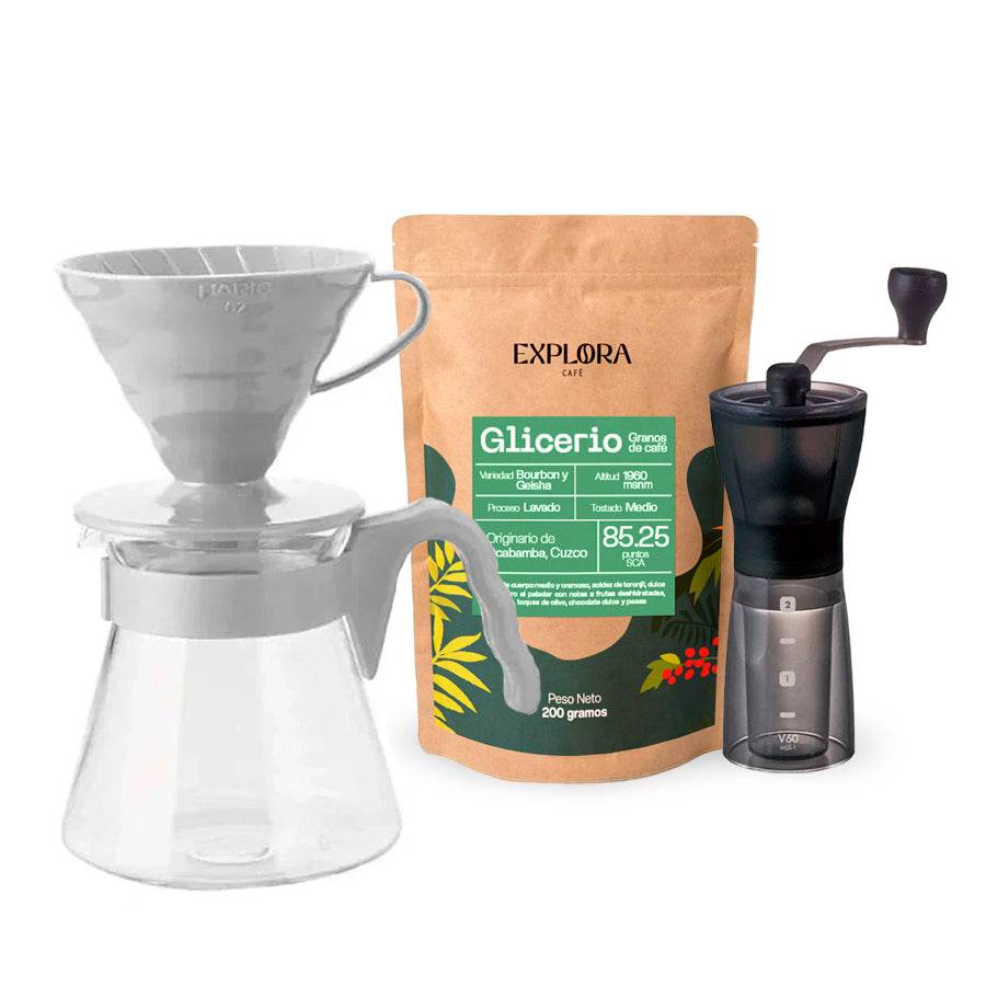 Kit V60 Hario con molino manual Slim y café de especialidad Glicerio para preparación pour over