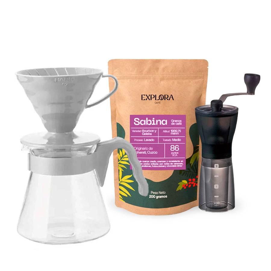 V60 coffee kit with Hario Slim manual grinder and specialty Sabina coffee beans