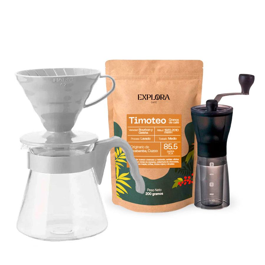 Kit V60 Hario con molino manual Slim y café de especialidad Timoteo para preparación pour over