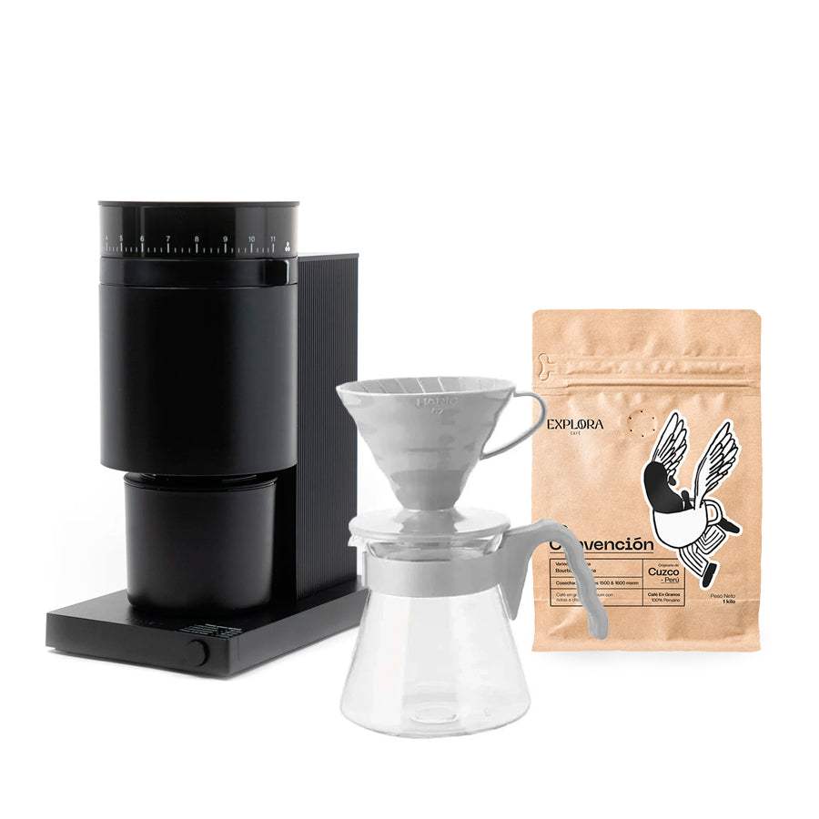 Kit V60 with Fellow Opus black electric coffee grinder and specialty coffee bag for pour-over brewing