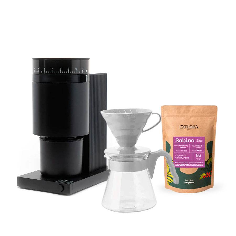 Kit V60 pour over coffee set with Fellow Opus electric grinder and Sabina specialty coffee bag