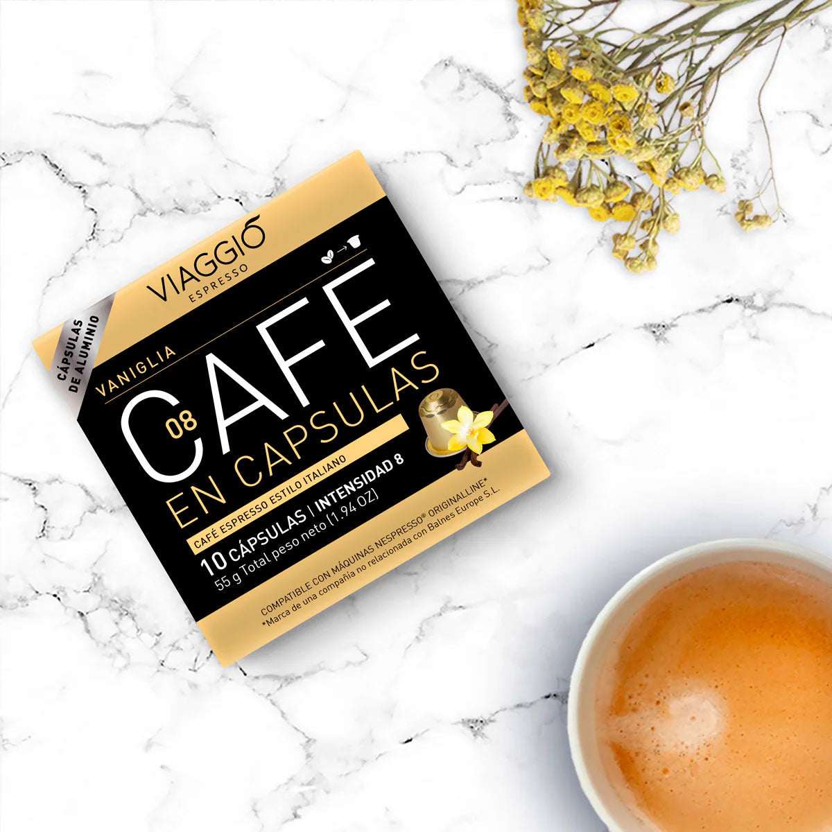 Viaggio Vaniglia café cápsulas compatibles con Nespresso®, intensidad 8, sabor vainilla.