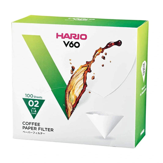 Caja de 100 filtros blancos para V60, tamaño 02, ideal para 1-4 tazas de café, papel de alta calidad.