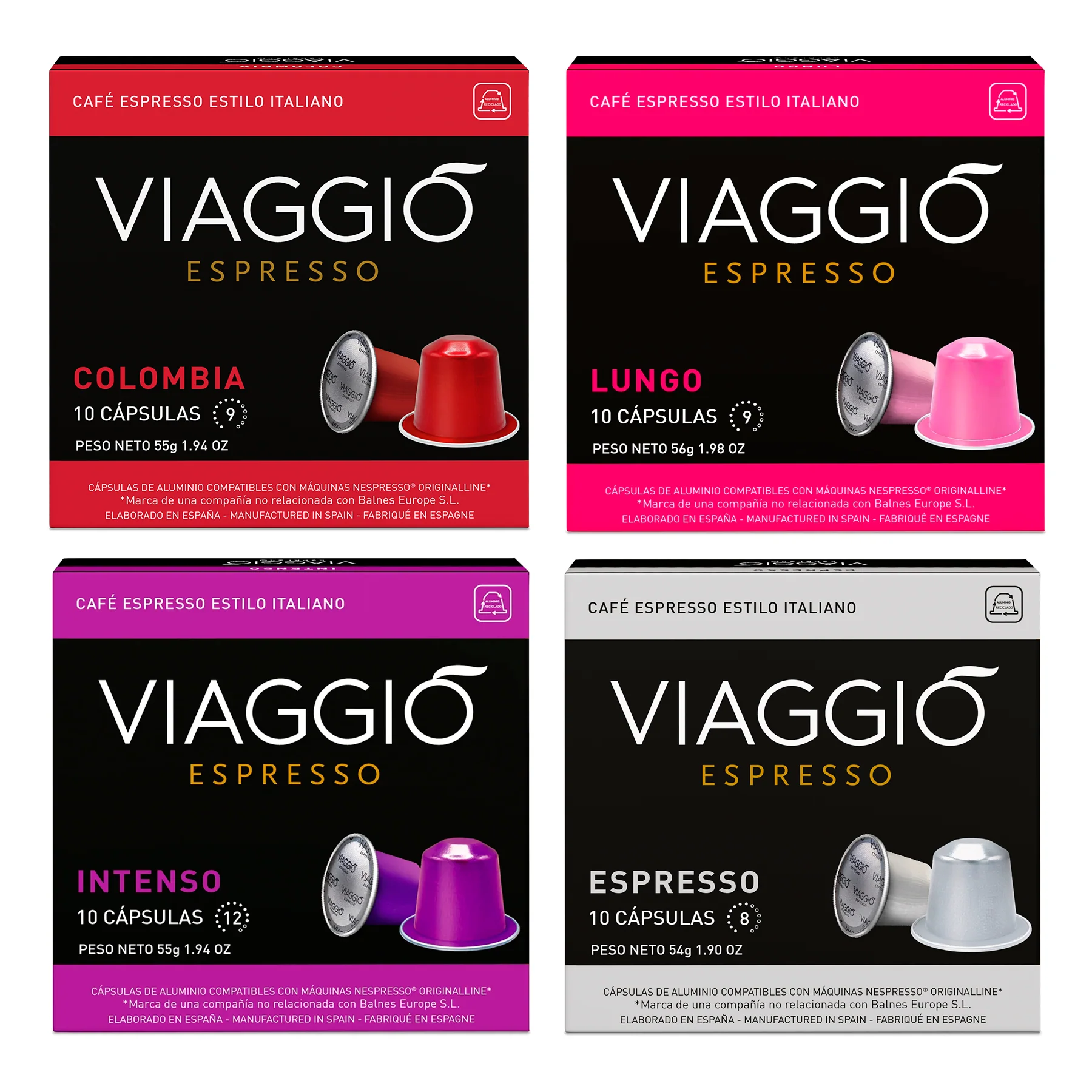Cápsulas Superpack Viaggio 40 compatibles con Nespresso, mezcla espresso colombiano, lungo, intenso y espresso clásico en paquetes de 10 cápsulas.