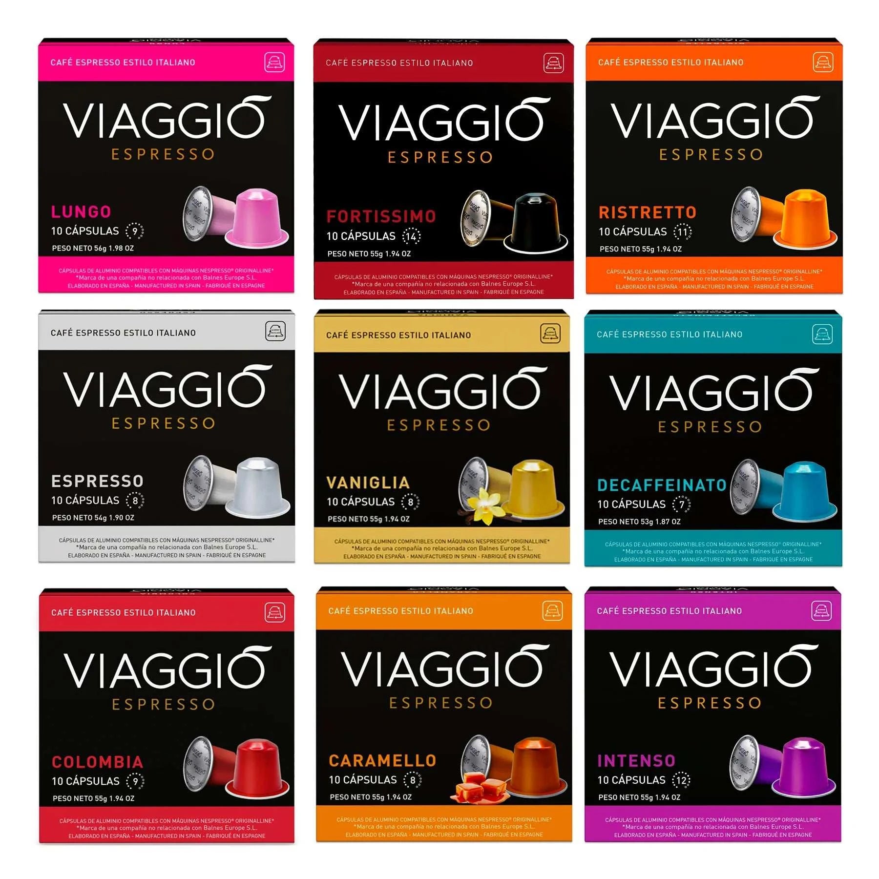 Cápsulas Superpack Viaggio 90 compatibles con Nespresso® con variedad de sabores espresso intensos y aromáticos.