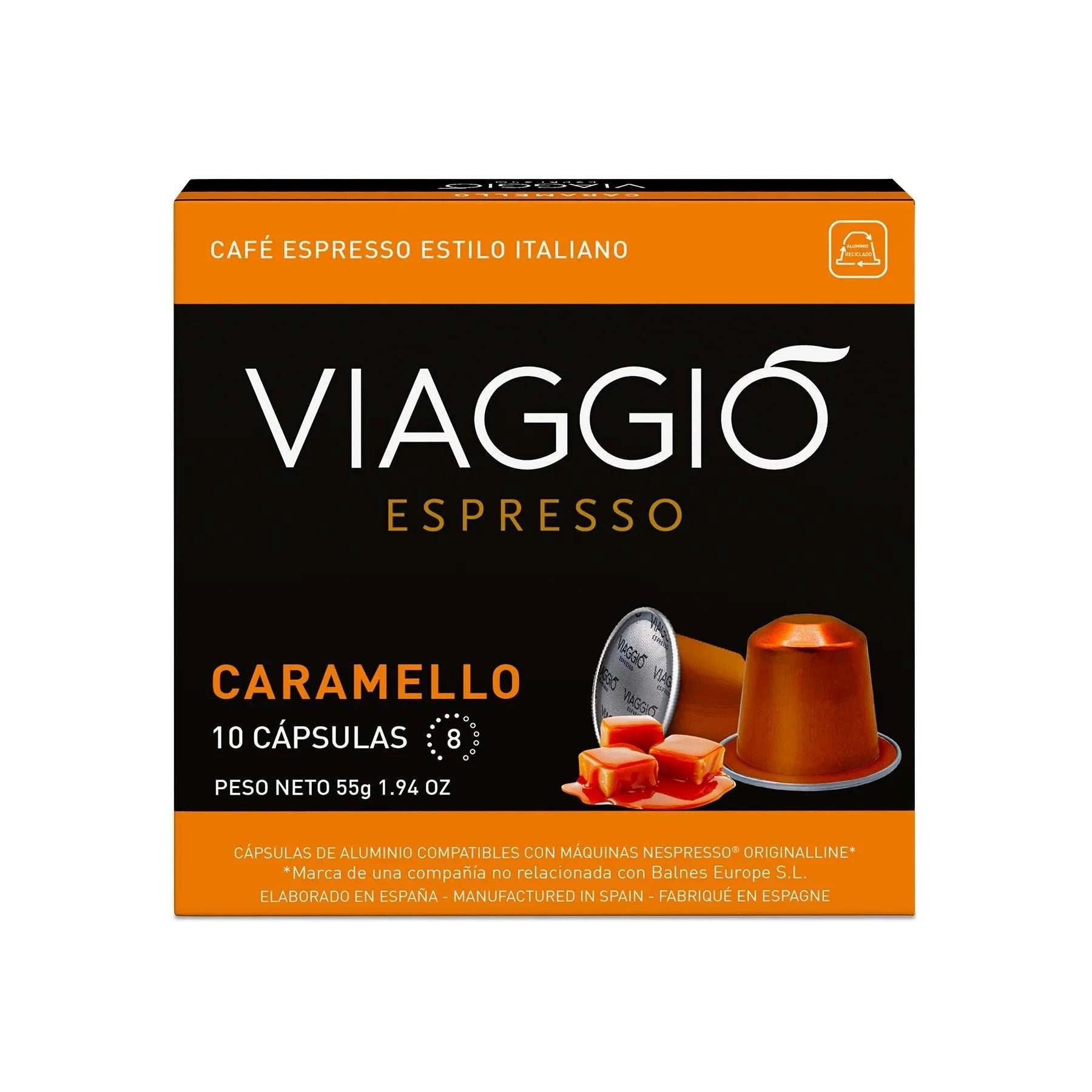 Caja de cápsulas de café Viaggio Caramel compatibles con Nespresso® con sabor a caramelo y notas frutales.