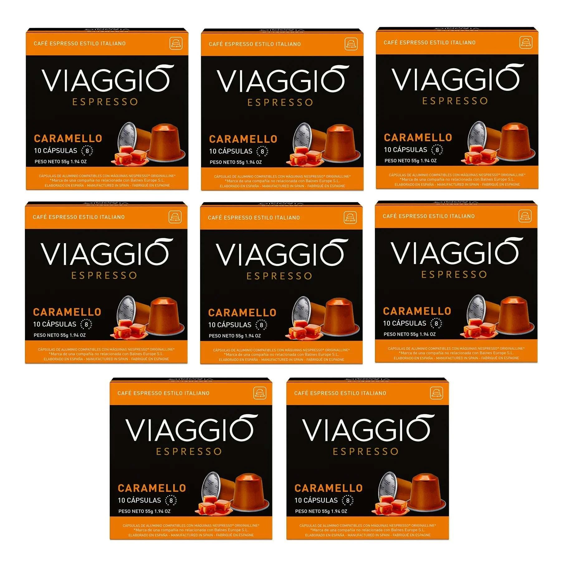 Cápsulas de café Viaggio Caramel compatibles con Nespresso®, mezcla de arábica con sabor a caramelo.