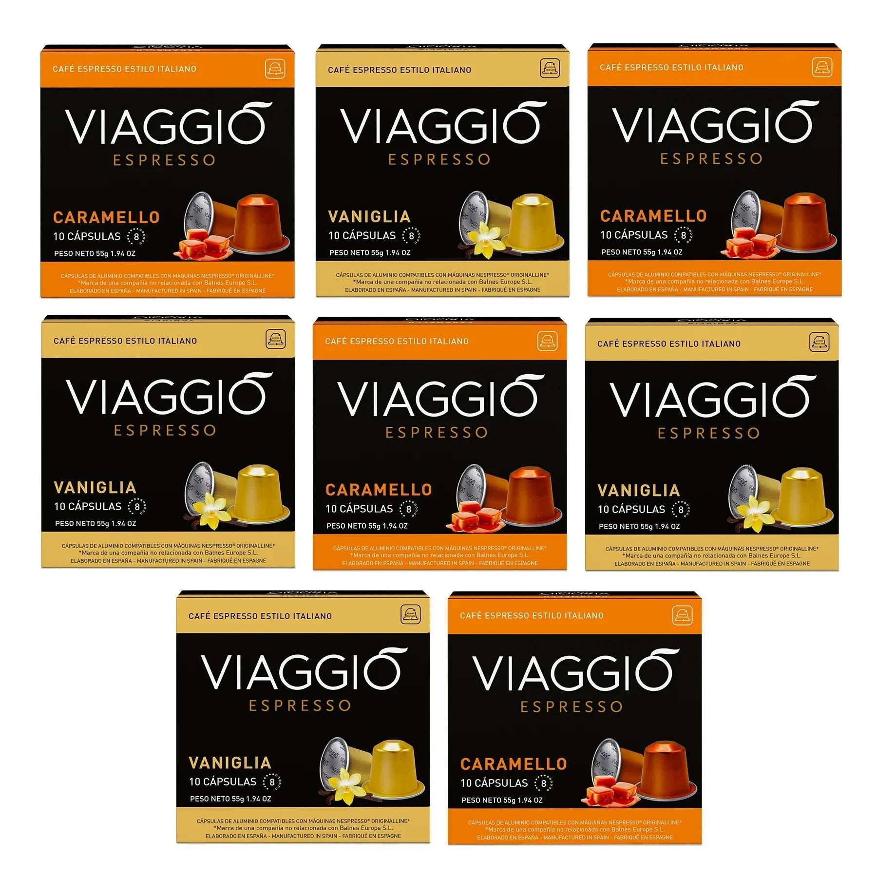 Cápsulas de café Viaggio Caramel y Vaniglia compatibles con Nespresso®, sabores caramelo y vainilla en pack.