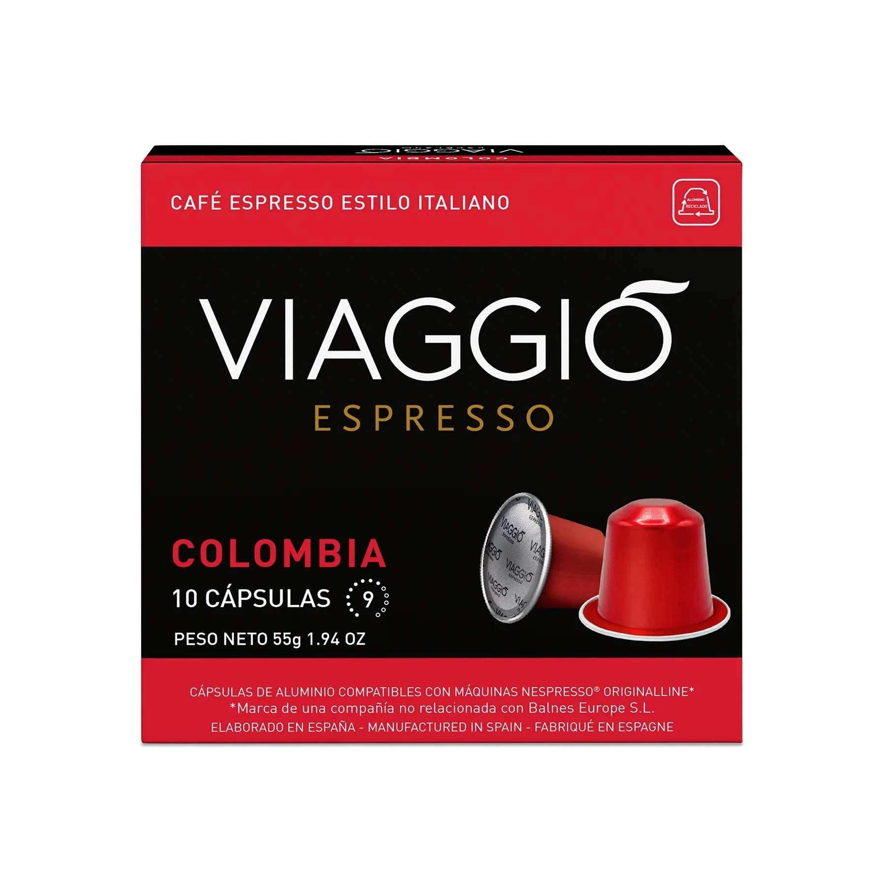 Cápsulas de café Viaggio Colombia compatibles con Nespresso®, espresso intenso con notas de chocolate y frutos secos.