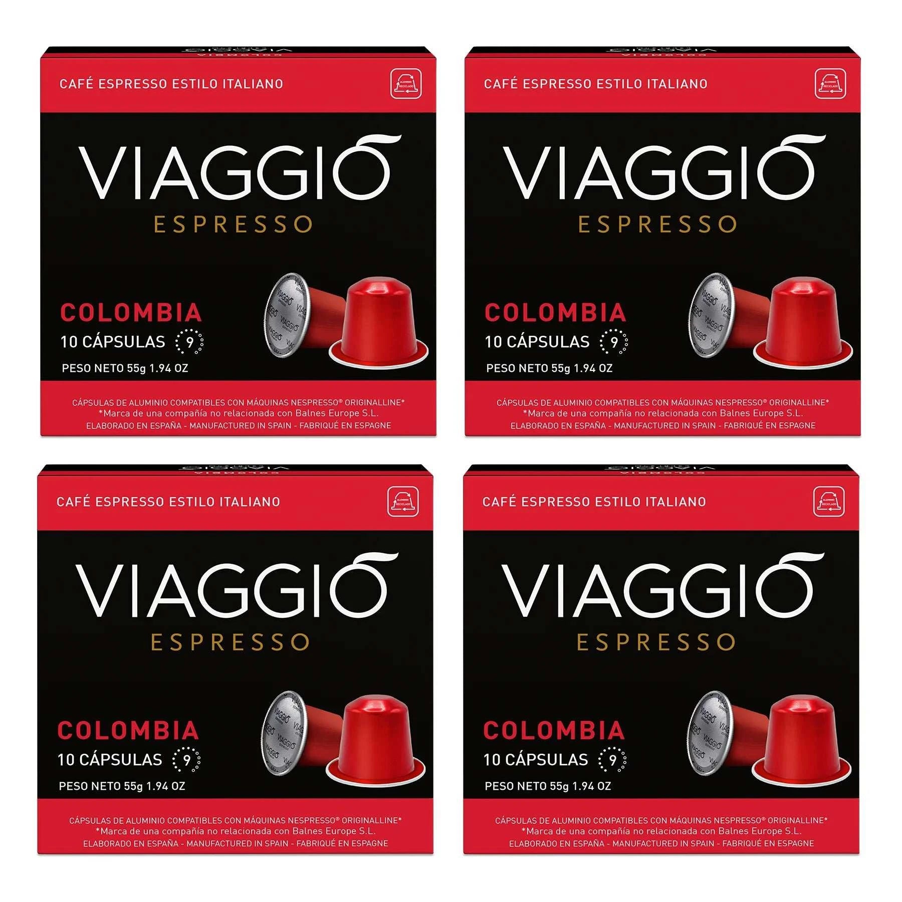 Cápsulas de café Viaggio Colombia compatibles con Nespresso, intensidad 9, con notas de chocolate y frutos secos.