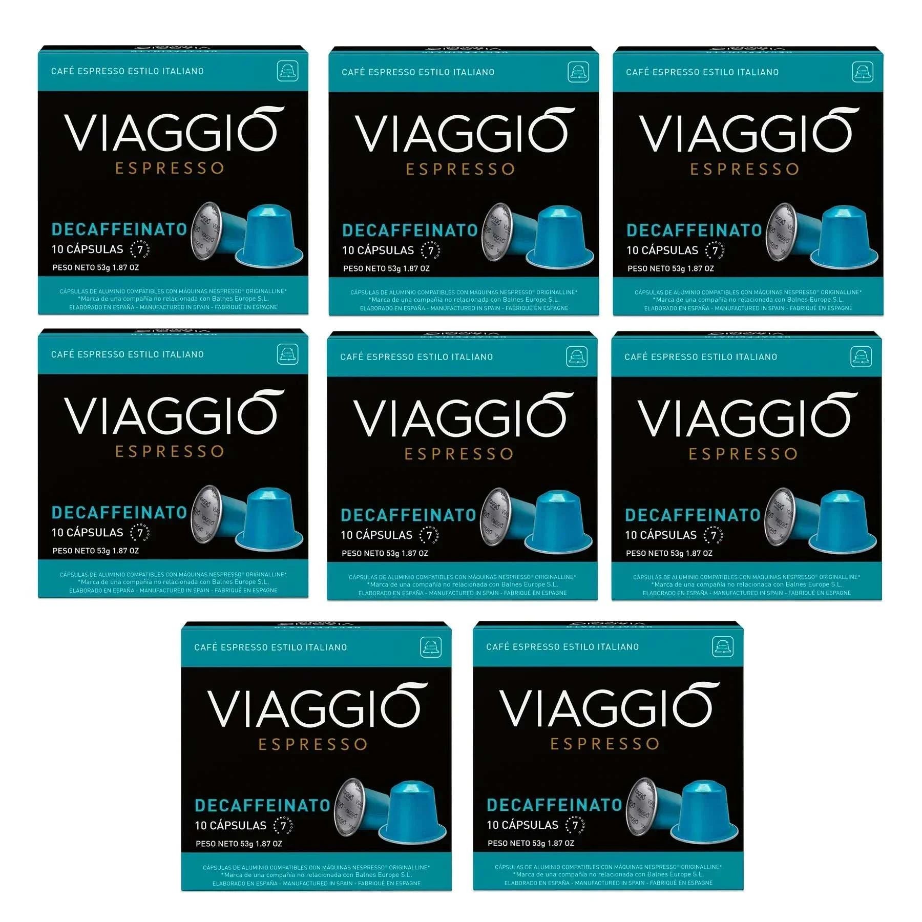 Viaggio Decaf espresso coffee capsules compatible with Nespresso, 10 capsules per box, medium intensity, decaffeinated with nutty and chocolate aroma.
