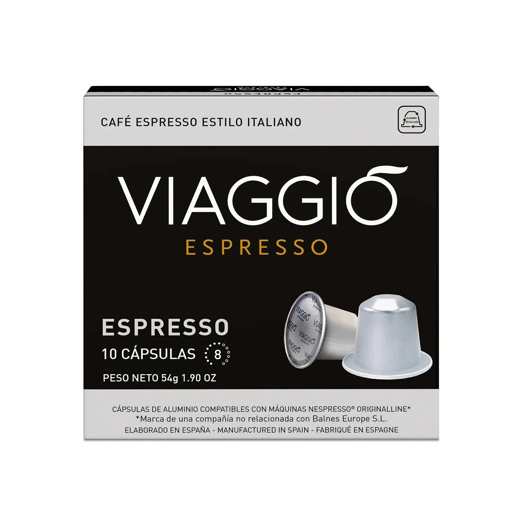 Paquete de 10 cápsulas de café espresso Viaggio compatibles con Nespresso®, intensidad 8, sabor equilibrado con notas de flores y cacao.