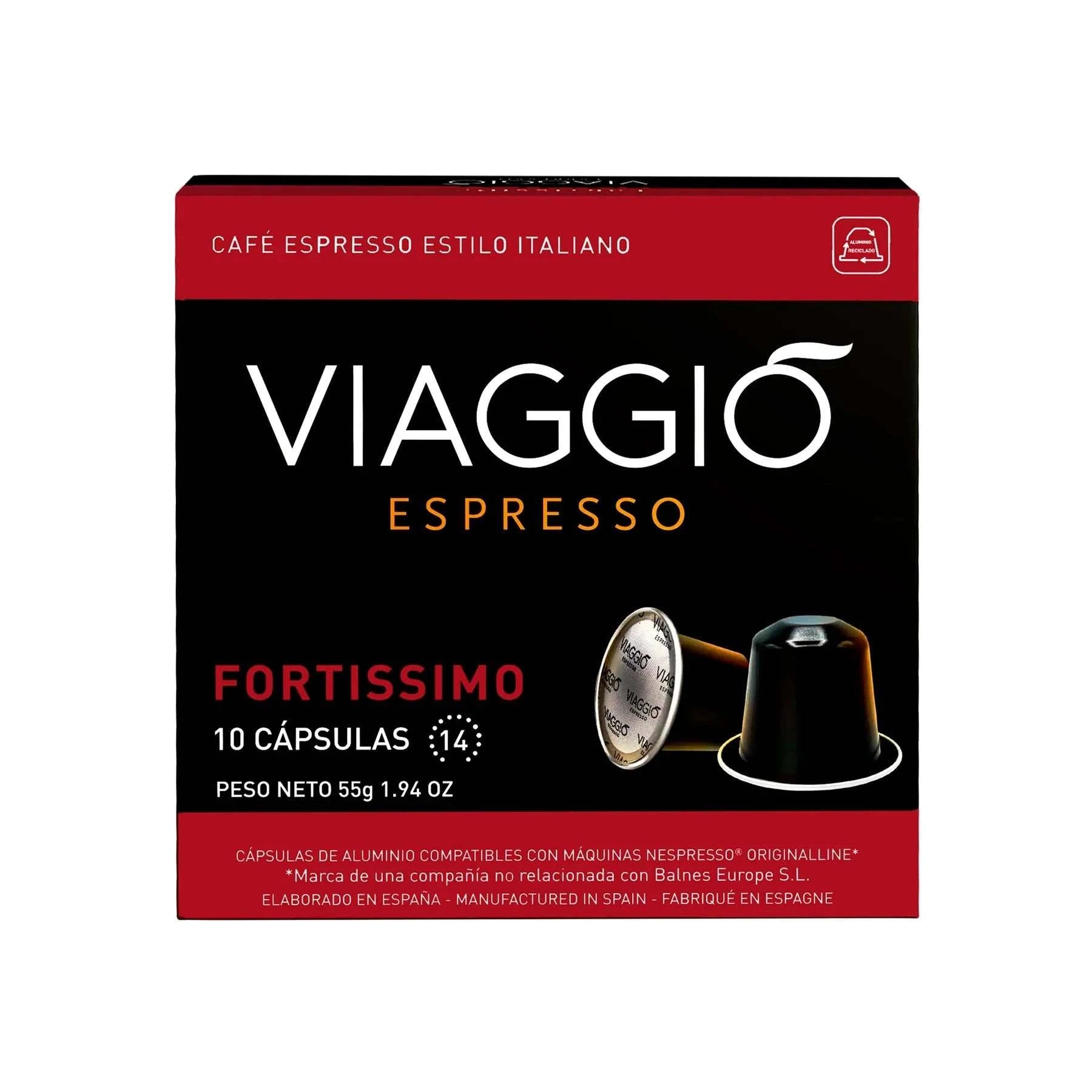 Viaggio Fortissimo coffee capsules compatible with Nespresso machines, 10-pack, Italian-style espresso with intensity 14.