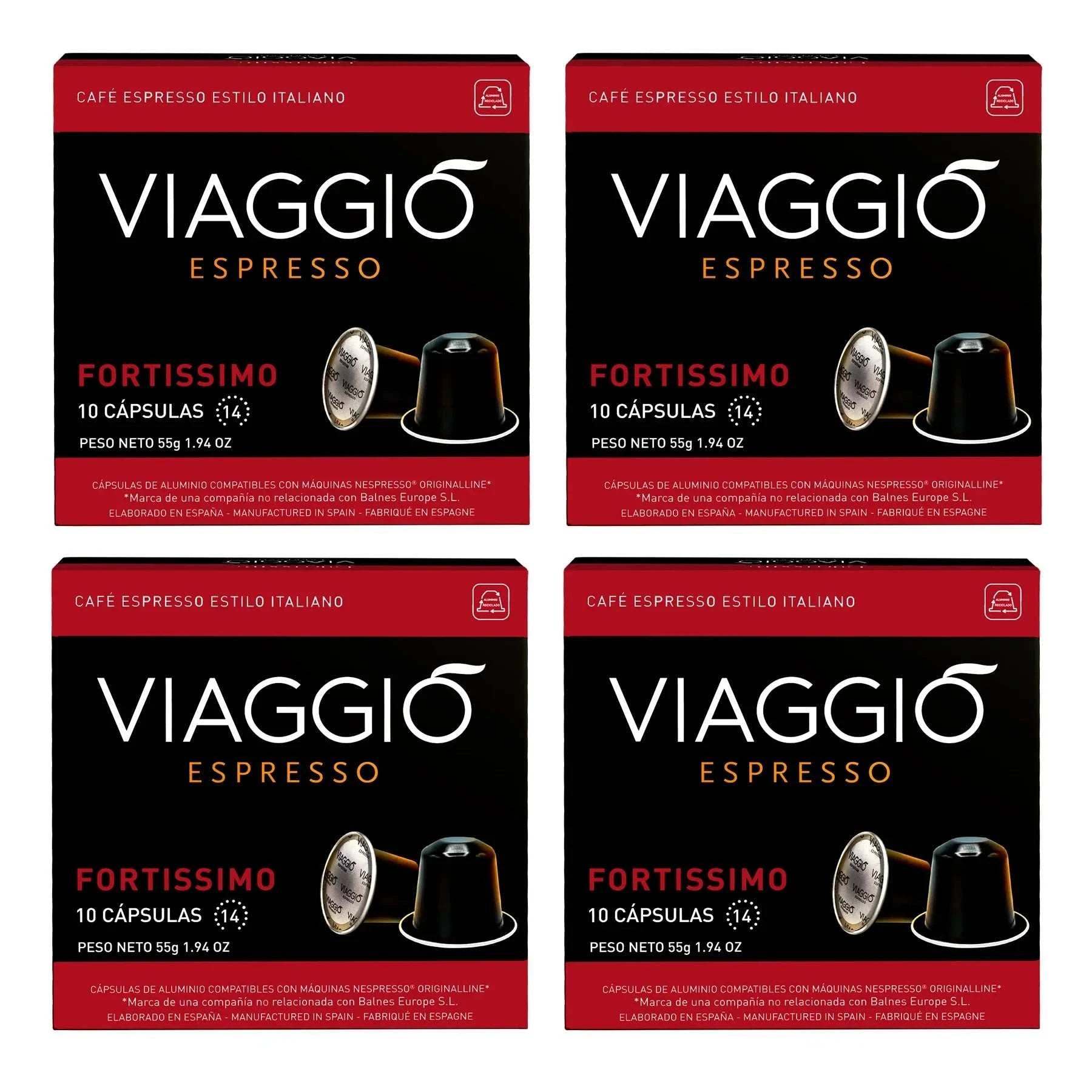 Pack Viaggio Fortissimo espresso coffee capsules compatible with Nespresso machines, 10 capsules per box, intense flavor and robust body.