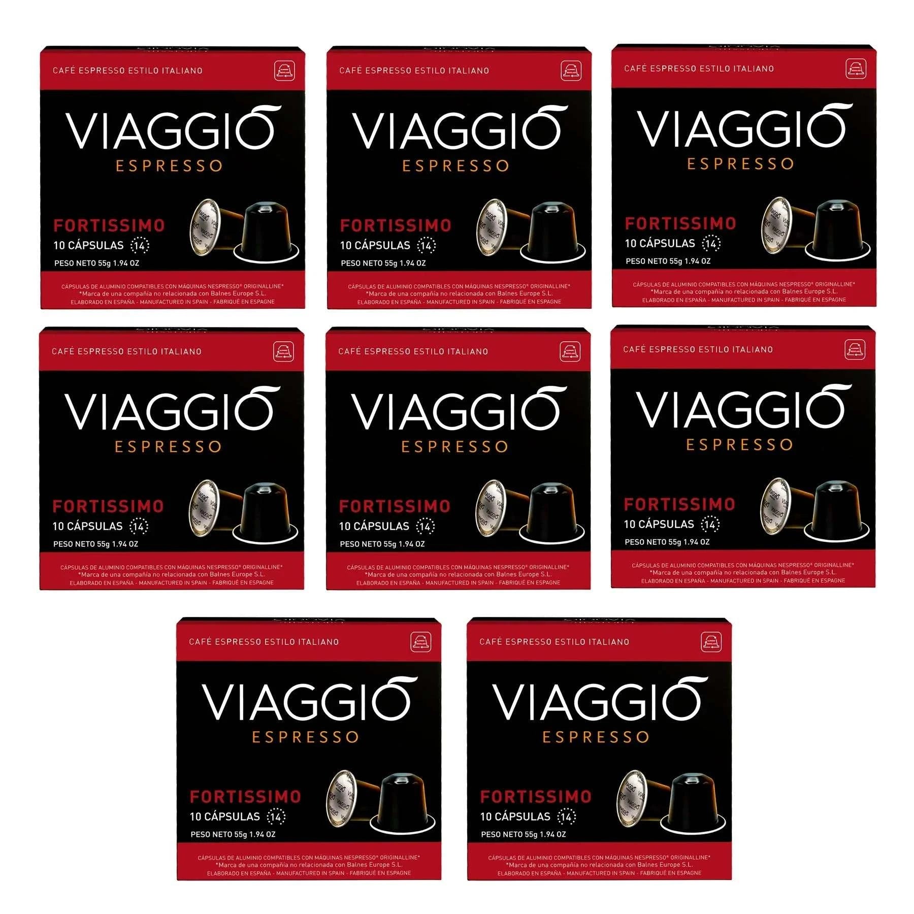Pack Viaggio Fortissimo coffee capsules compatible with Nespresso, black and red packaging, 10 capsules each, espresso style with intensity 14.