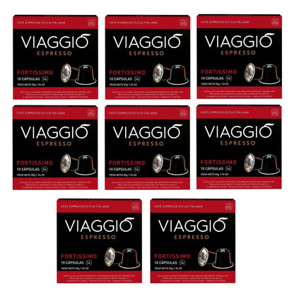 Pack Viaggio Fortissimo coffee capsules compatible with Nespresso, black and red packaging, 10 capsules each, espresso style with intensity 14.