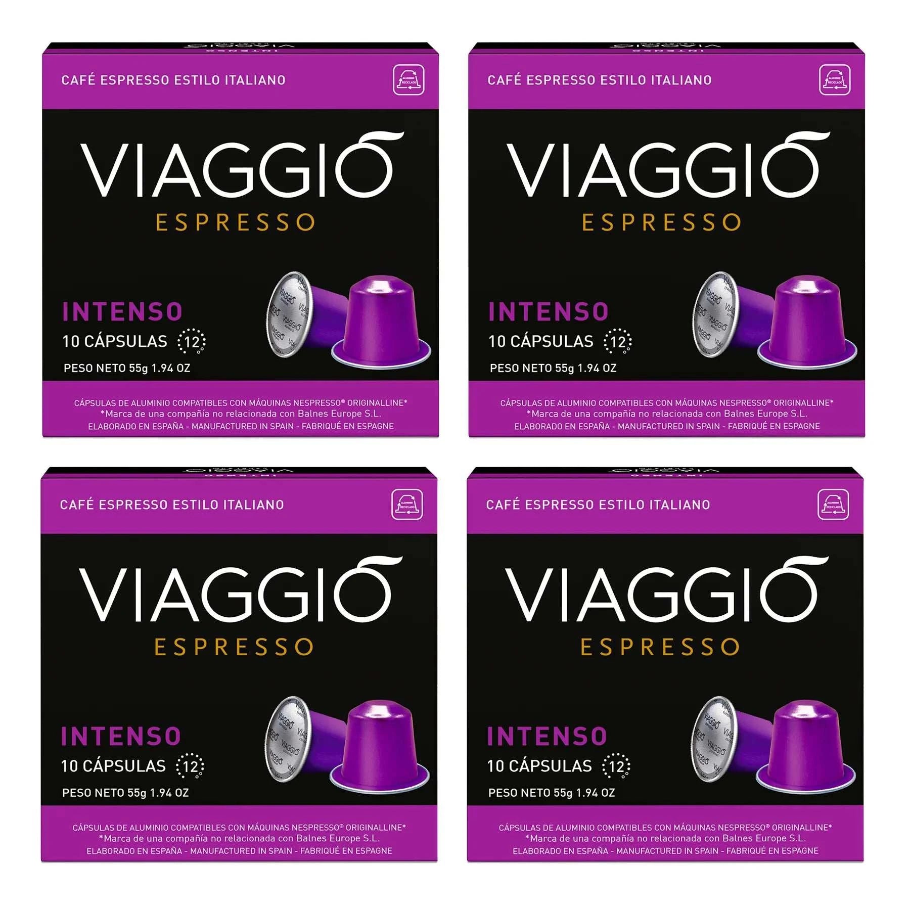 Cápsulas de café Viaggio Intenso compatibles con Nespresso®, color morado, en paquetes de 10 unidades cada uno.