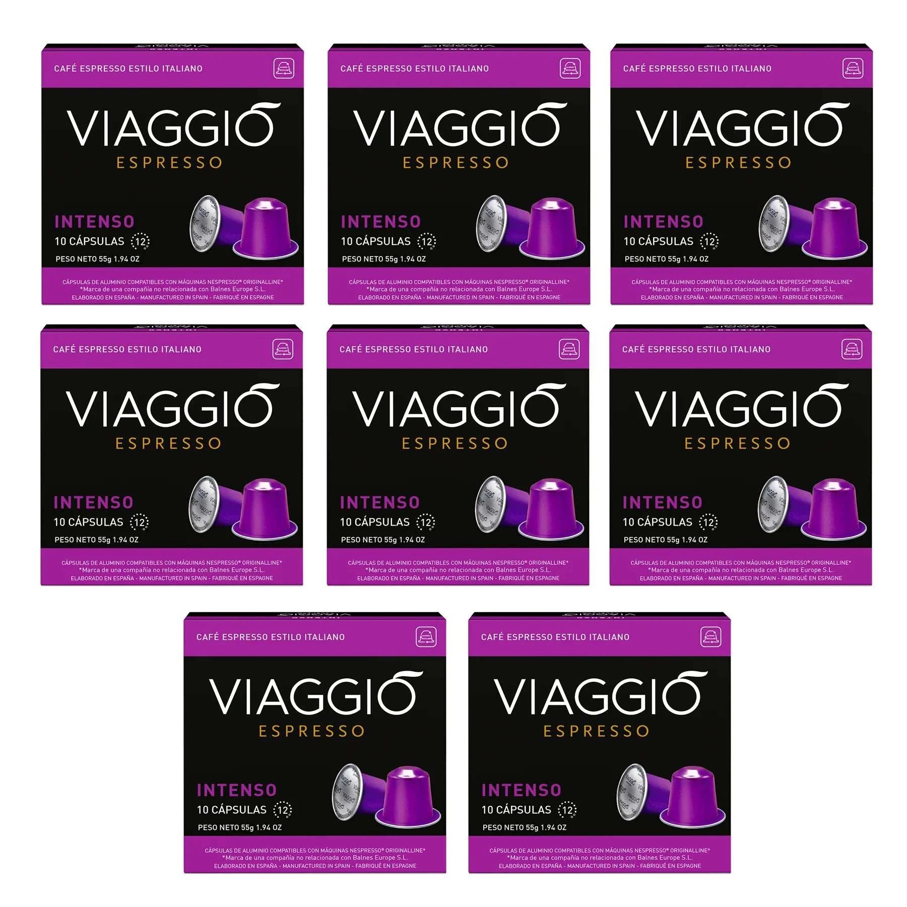 Cápsulas de café Viaggio Intenso compatibles con Nespresso, en empaque violeta.