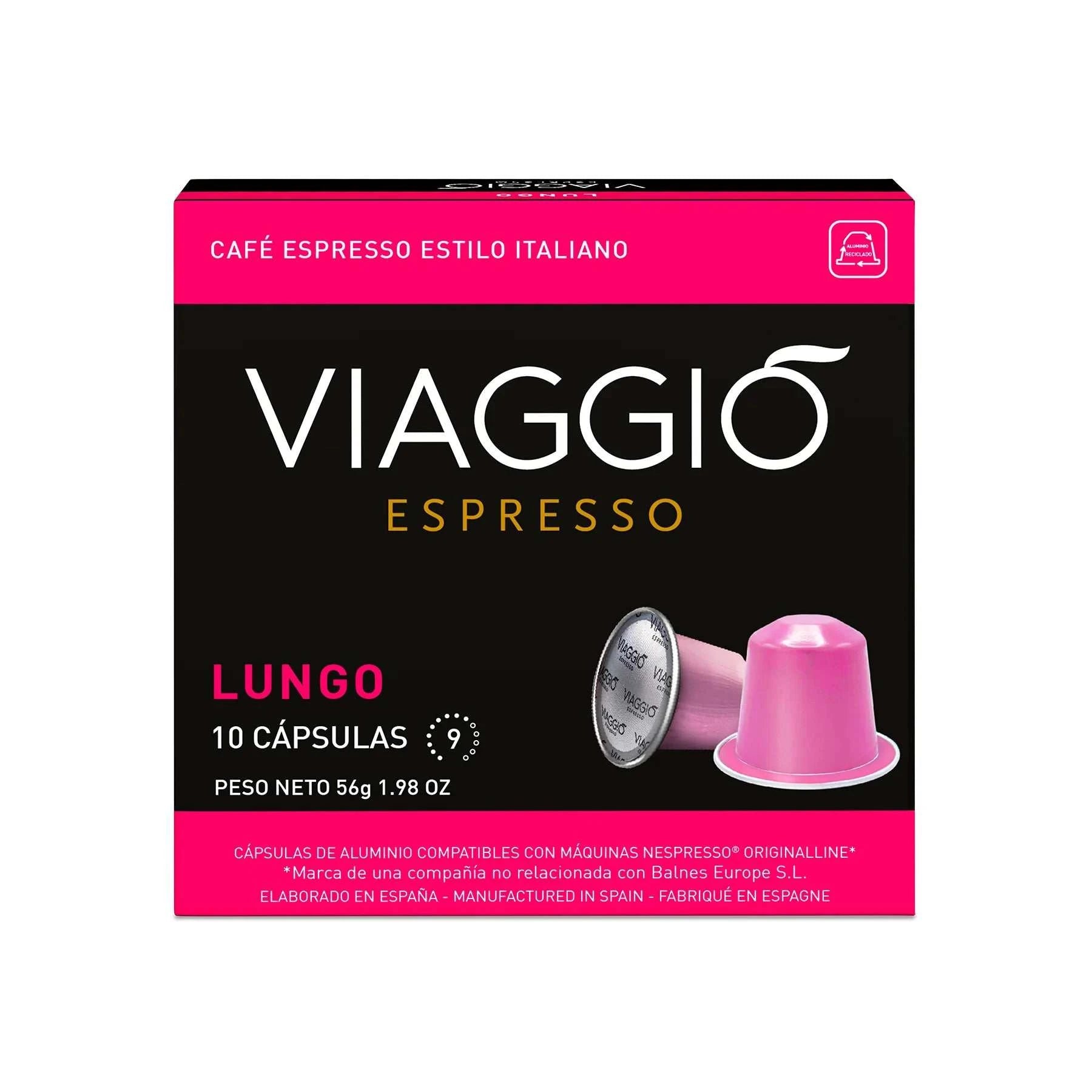Cápsulas de café compatibles con Nespresso® Viaggio Lungo, espresso estilo italiano, intensidad 9, 10 cápsulas, crema persistente y notas de almendra.