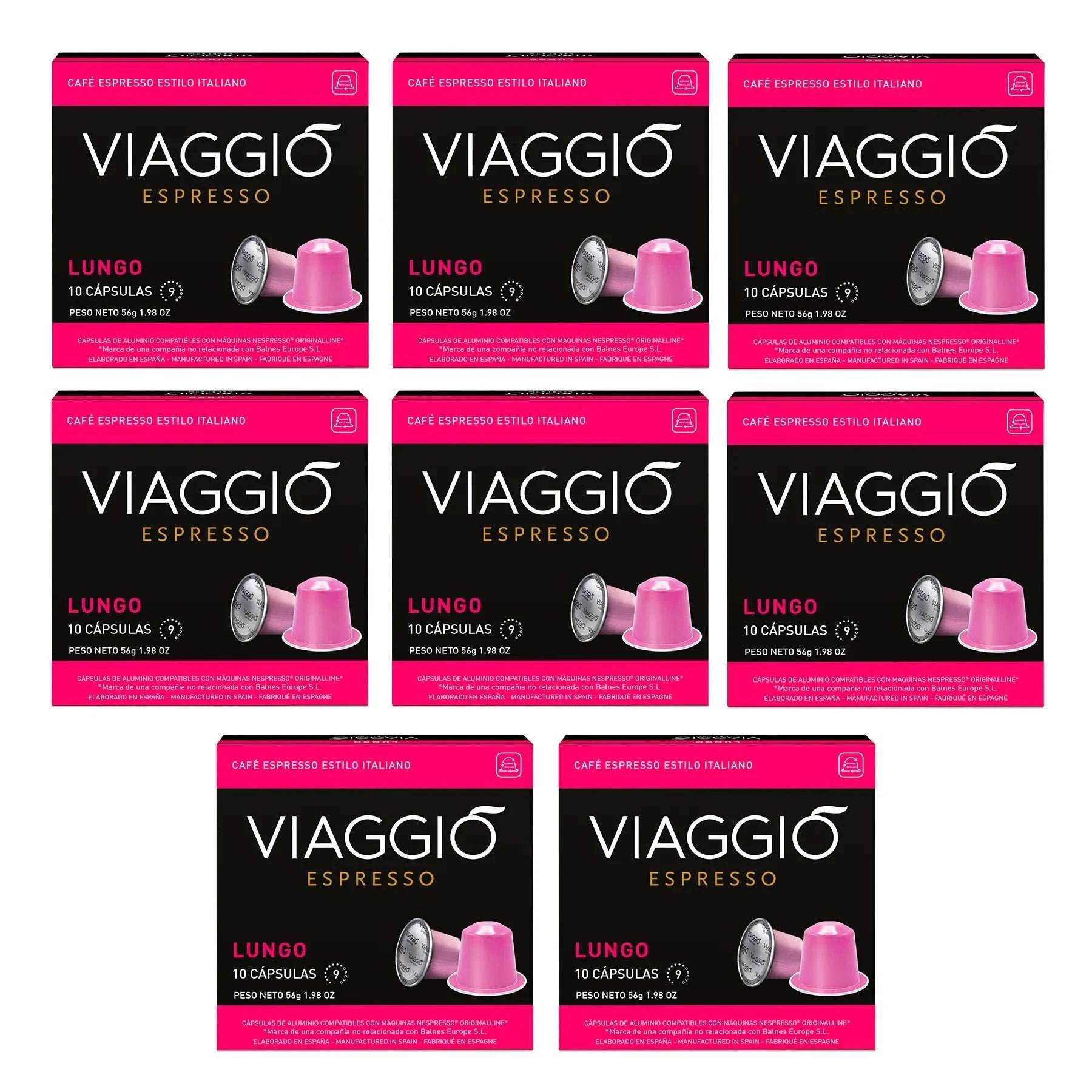 Cápsulas de café Viaggio Lungo compatibles con Nespresso, intensidad 9, sabor almendra.