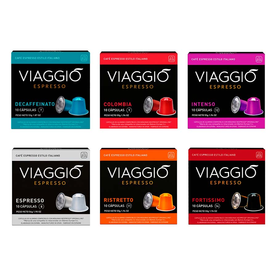 Pack de seis cajas de cápsulas Viaggio Espresso compatibles Nespresso®, colores y sabores variados, empaques negro con detalles brillantes.