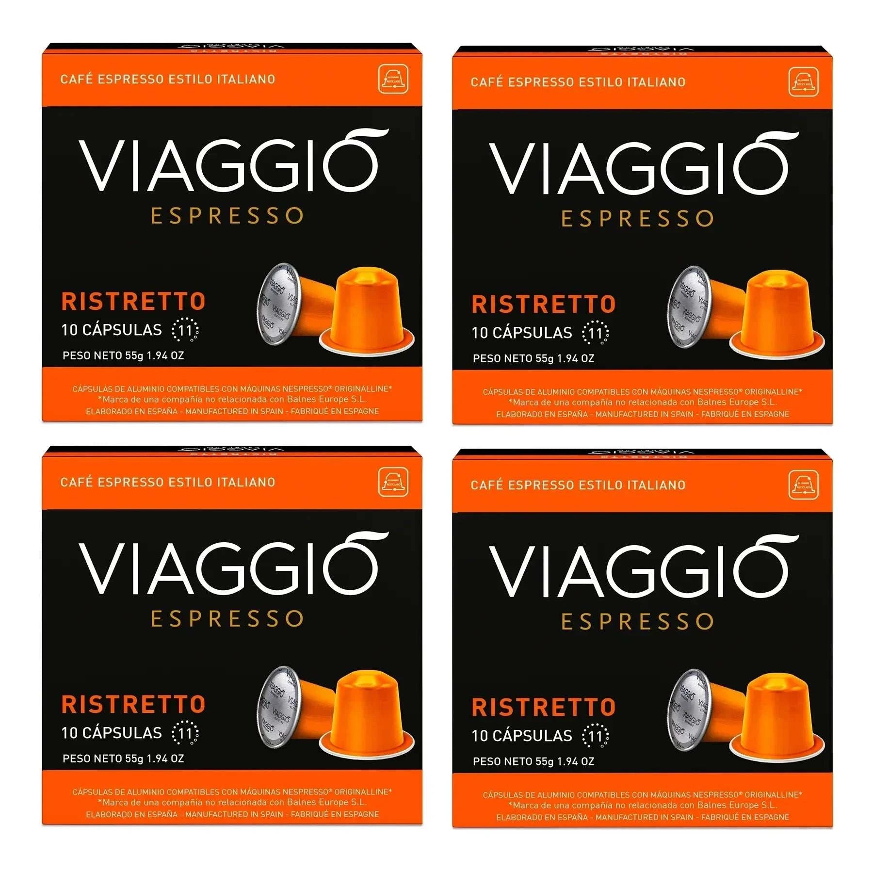 Pack Viaggio Ristretto espresso coffee capsules compatible with Nespresso machines, Italian style, 10 capsules per box.