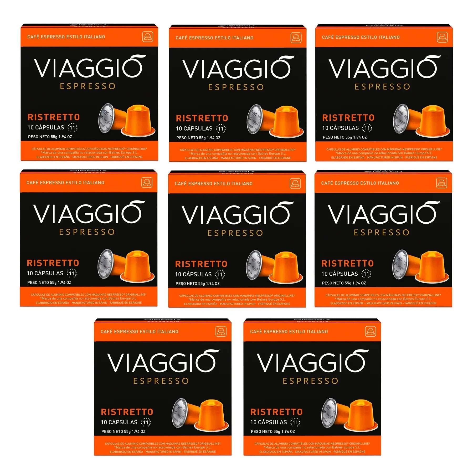 Viaggio Ristretto coffee capsules compatible with Nespresso, intense Italian espresso flavor, 10 capsules per pack.