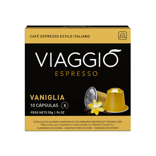 Cápsulas de café Viaggio Vaniglia compatibles con Nespresso® con aroma a vainilla y notas de almendra, intensidad 8.