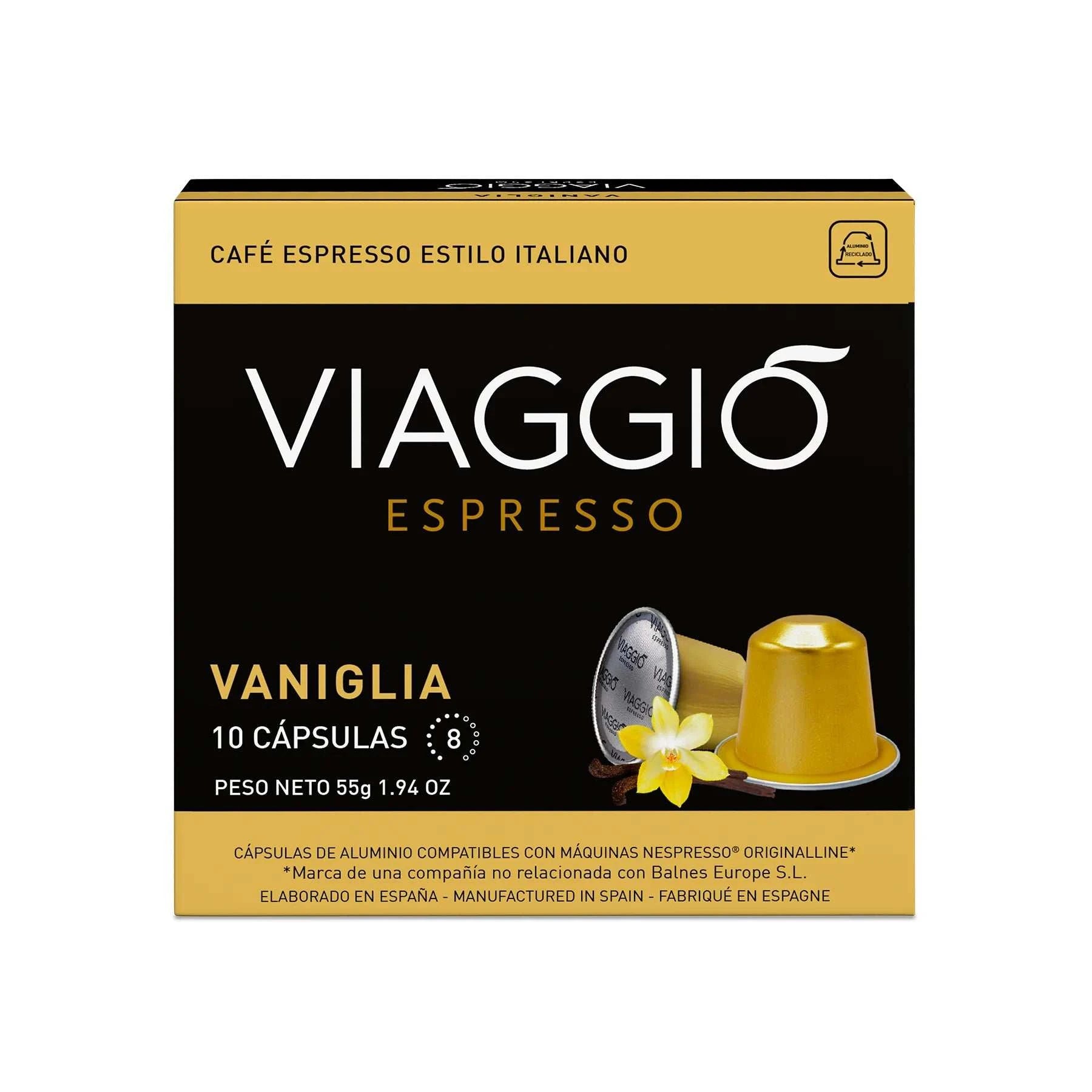 Caja de cápsulas de café Viaggio Vaniglia compatibles con Nespresso® con aroma a vainilla y tueste medio.
