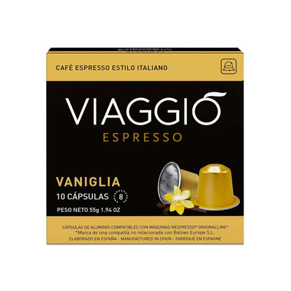 Caja de cápsulas de café Viaggio Vaniglia compatibles con Nespresso® con aroma a vainilla y tueste medio.