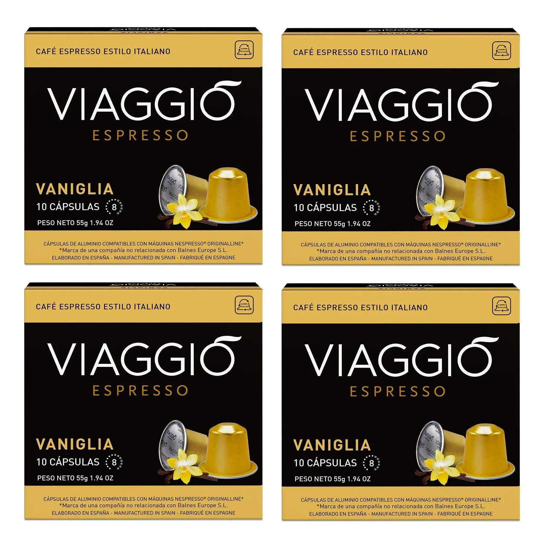 Cápsulas de café Viaggio Vaniglia compatibles con Nespresso, aroma de vainilla y notas de almendra.
