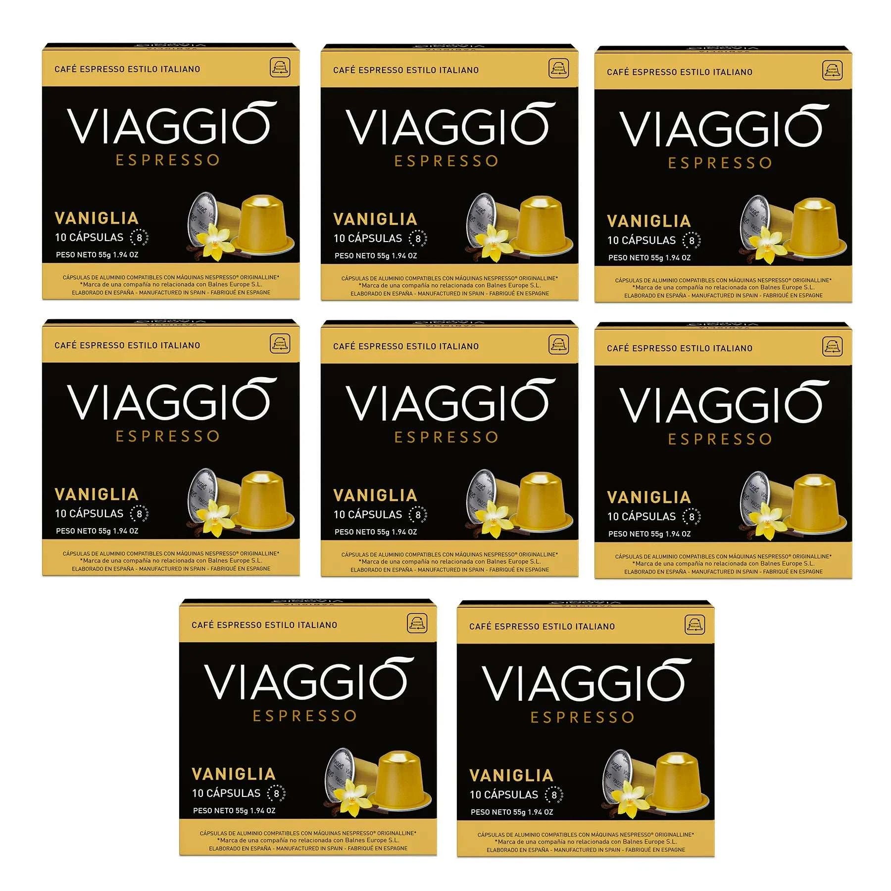 Cápsulas de café Viaggio Vaniglia compatibles con Nespresso en empaque negro y dorado.