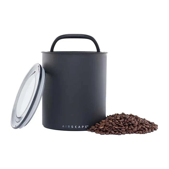 Contenedor al vacío Airscape negro mate de 1kg con tapa hermética para conservar café y eliminar aire.