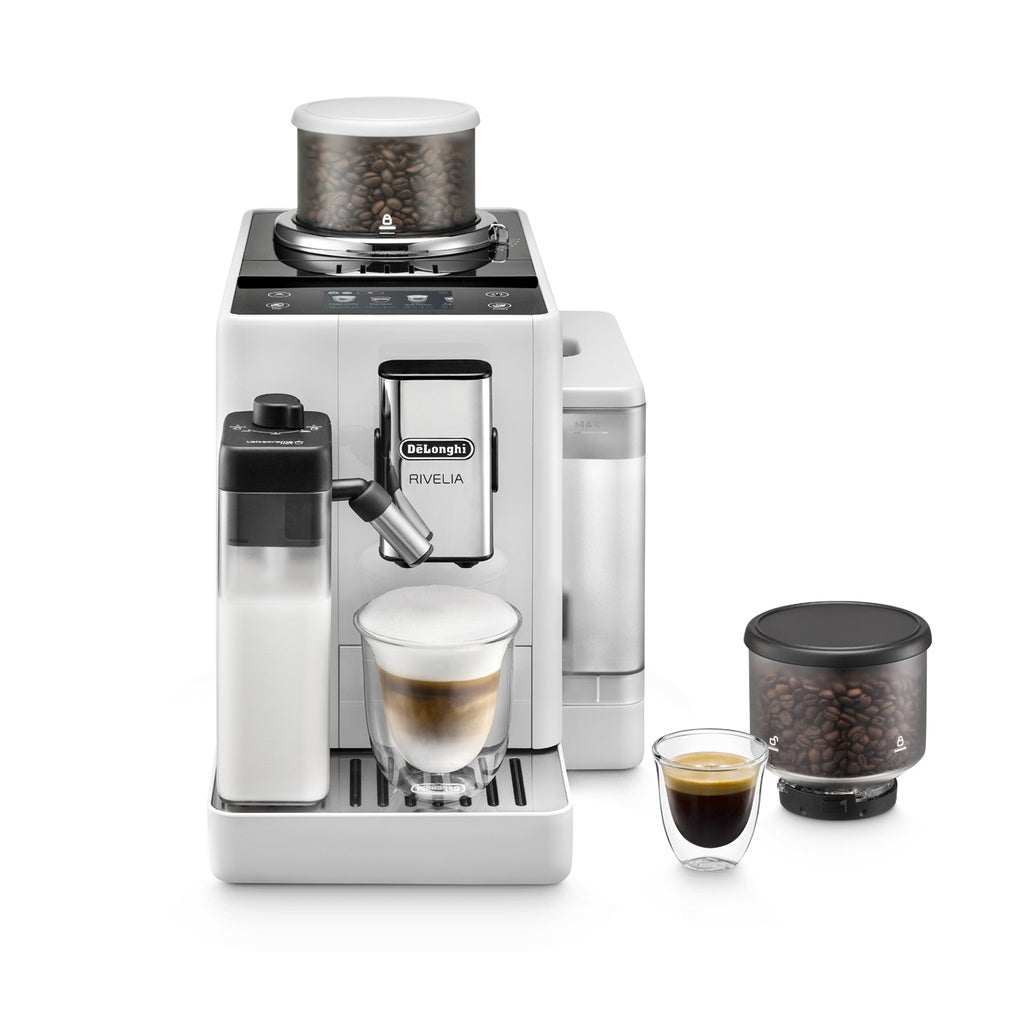 White Delonghi Rivelia super-automatic coffee machine with milk frother and interchangeable bean hoppers.
