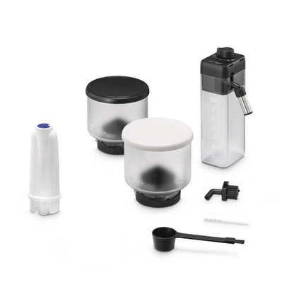 Accessories and components of the Cafetera Delonghi superautomática Rivelia blanca, including interchangeable hoppers and technology features.