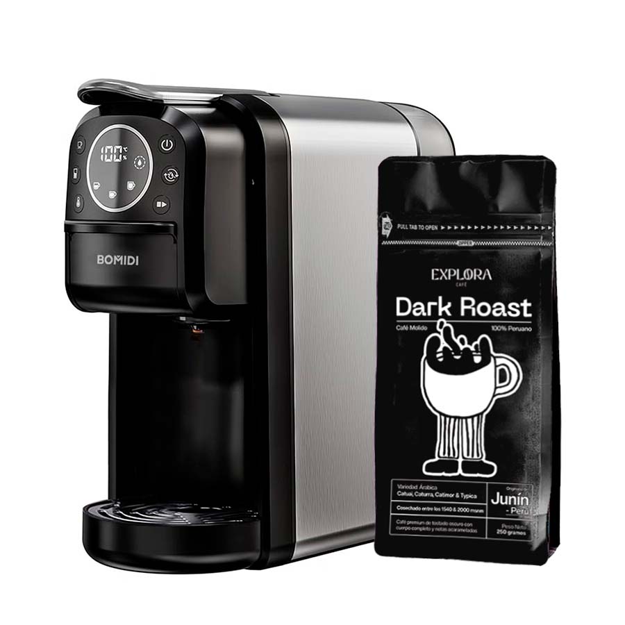 Bomidi | Combo - Cafetera CM01 3-en-1: Cápsulas & Café Molido + Explora Café Molido de Especialidad "Dark Roast", 250gr