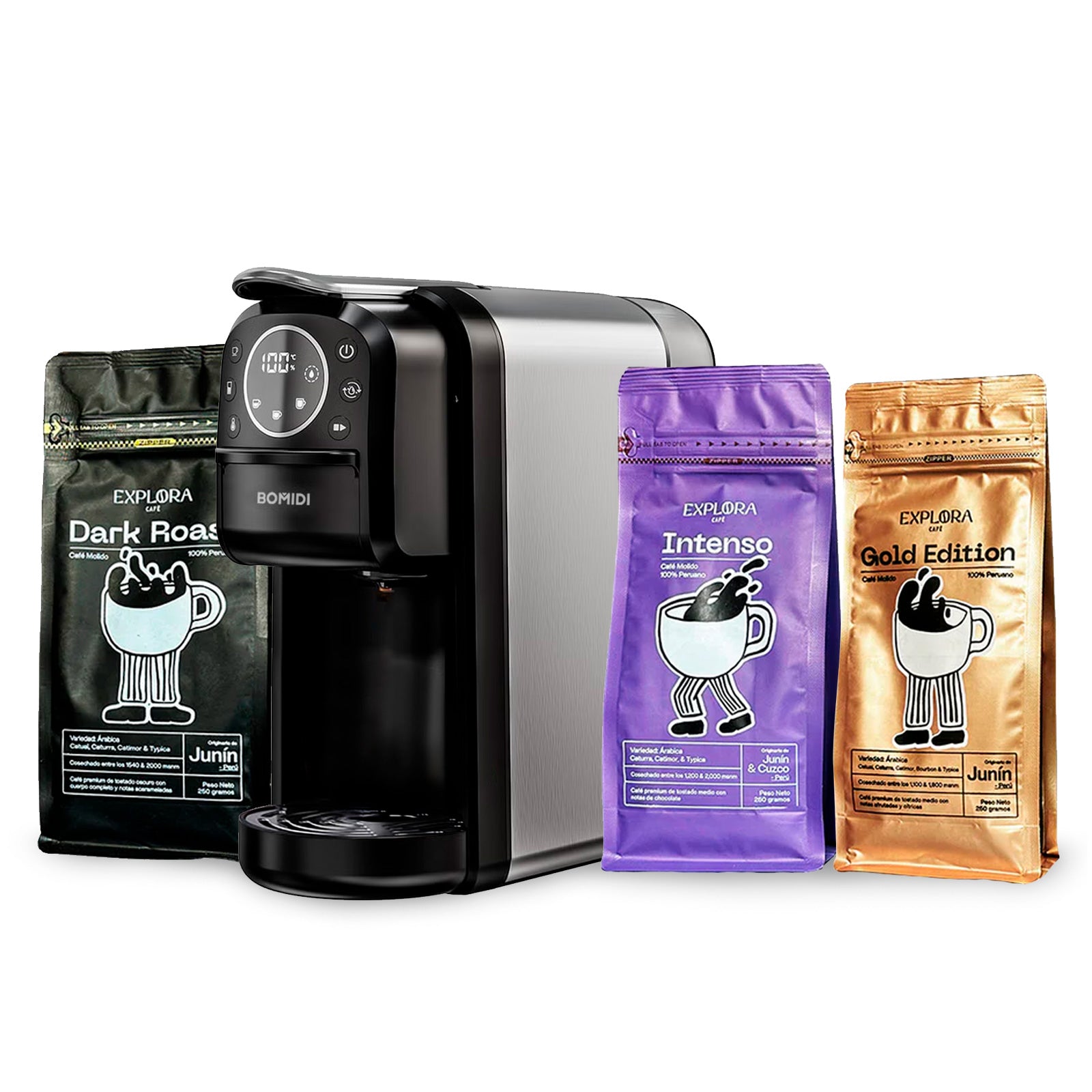 Bomidi | Combo - Cafetera CM01 3-en-1: Cápsulas & Café Molido + Explora Café Molidos de Especialidad X3