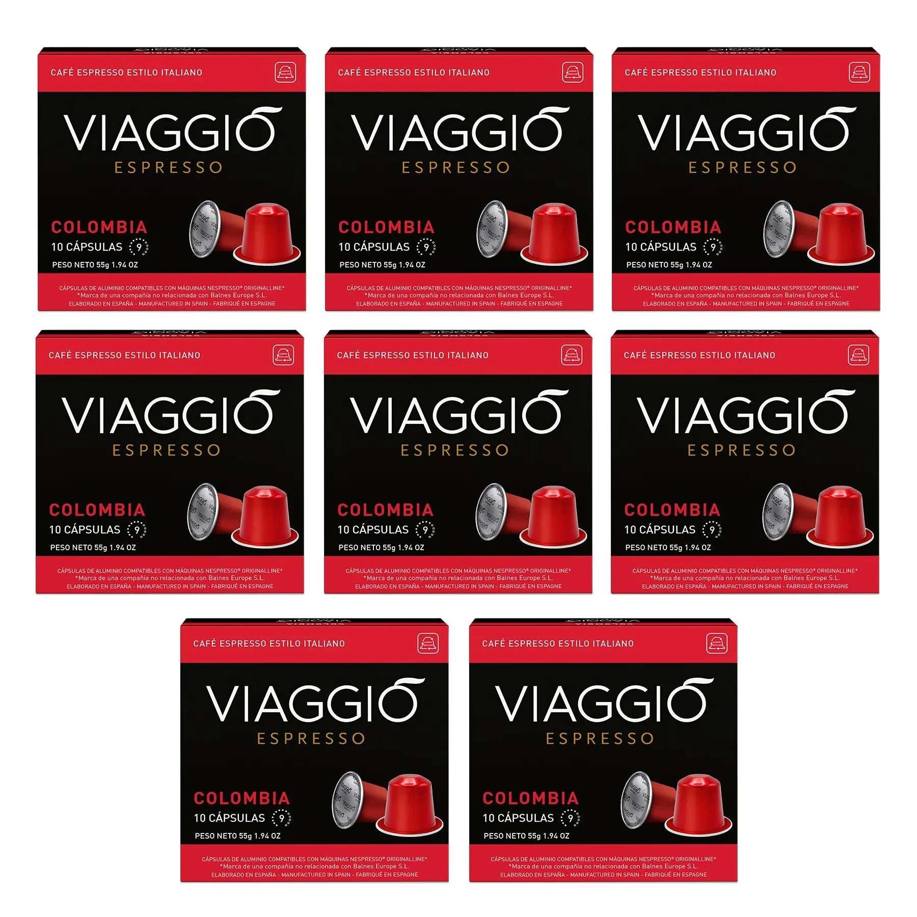 Cápsulas de café Viaggio Colombia compatibles con Nespresso® en empaques rojos, destacan por su intensidad y notas de chocolate y frutos secos.