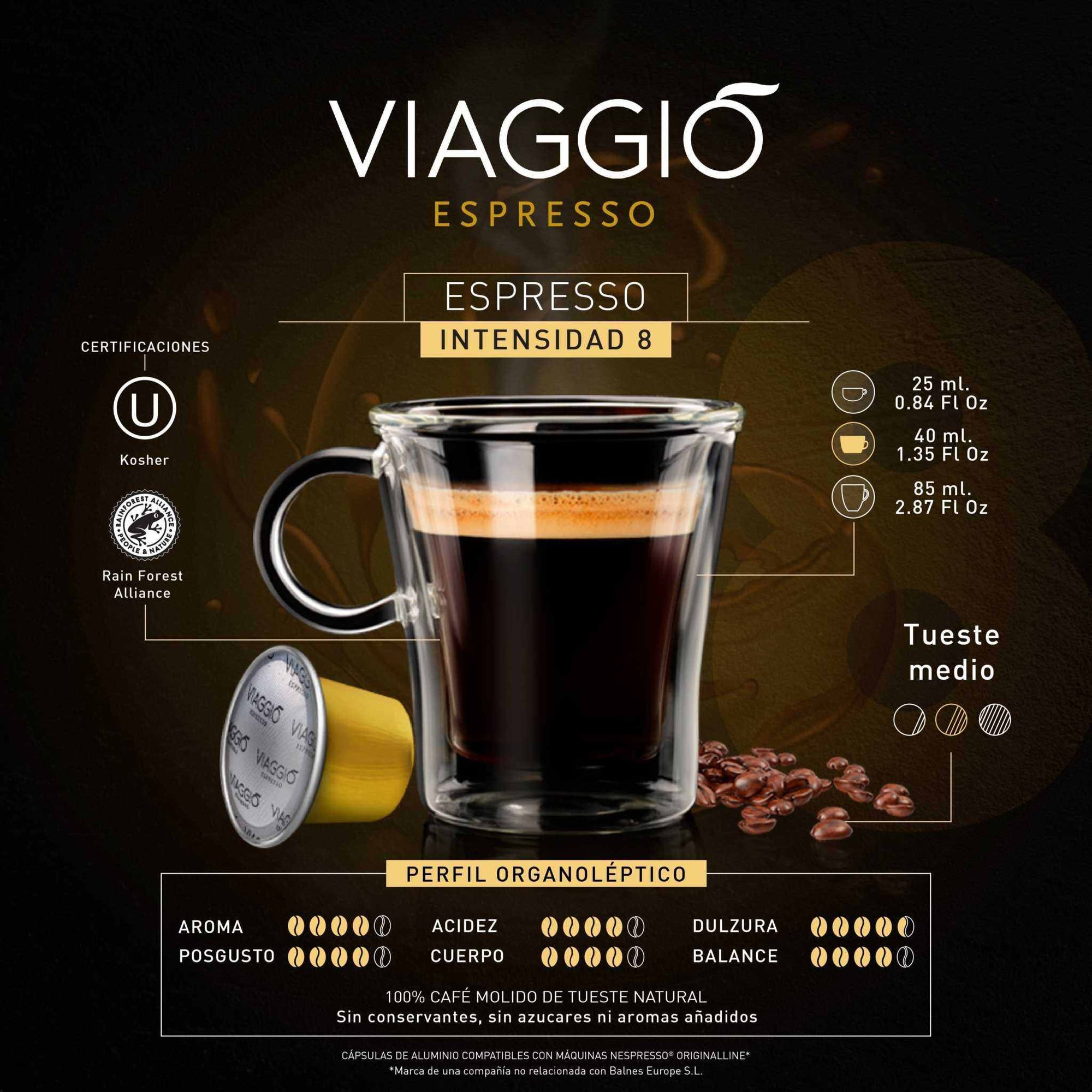 Viaggio Espresso intensity 8 coffee capsule with aroma, acidity, body, and sweetness profile, compatible with Nespresso machines.