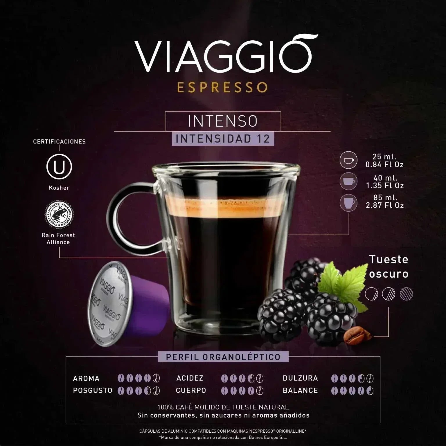 Superpack Viaggio 60 espresso capsules compatible with Nespresso, intense dark roast coffee with robust body and cocoa notes.