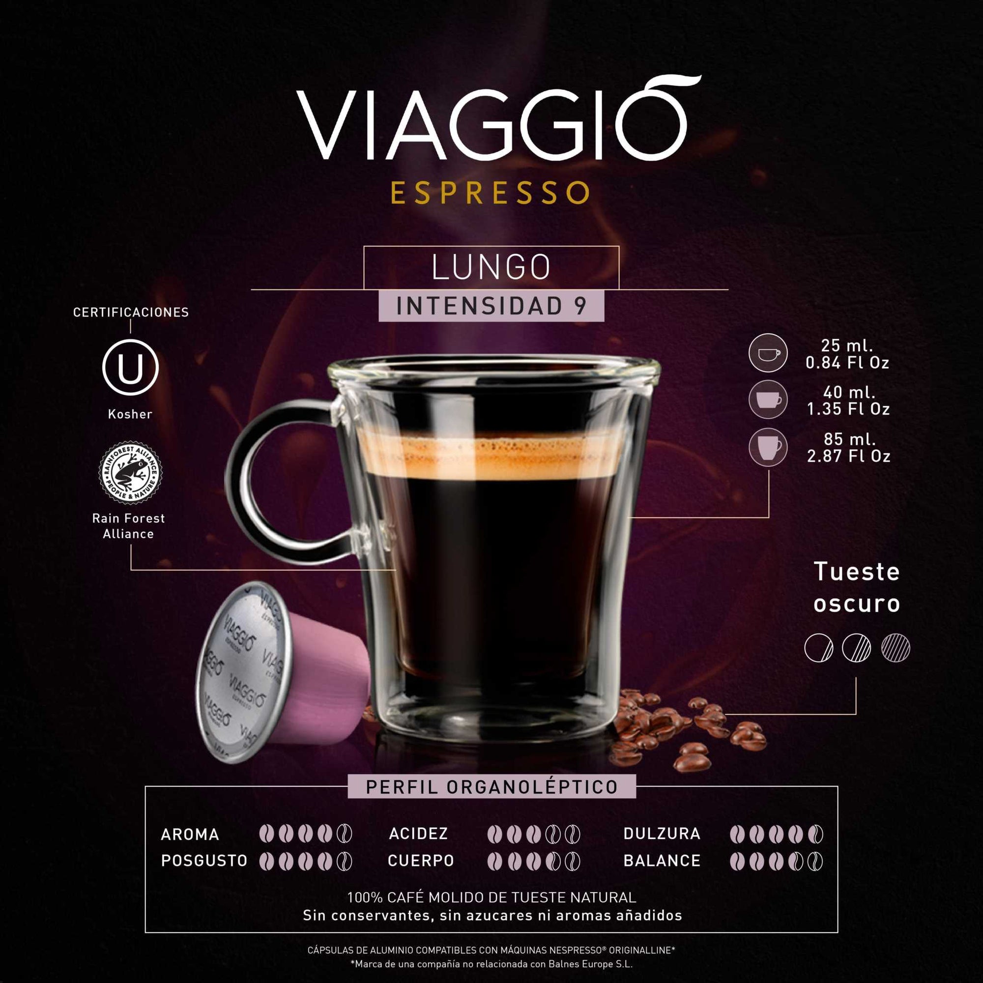 Superpack Viaggio 60 compatible Nespresso coffee capsules with dark roast, intensity 9, rich aroma, and balanced flavor profile